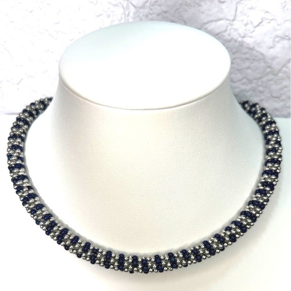 Talbots Jewelry - Talbots Seed Bead Necklace Navy Silver Tone Twist Rope Choker 18" Magnet Clasp